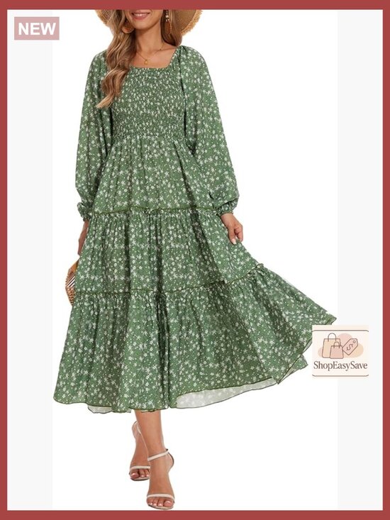 Dresses & Skirts - Boho Floral Midi Dress with Puff Sleeves Smocked Waist and Pockets